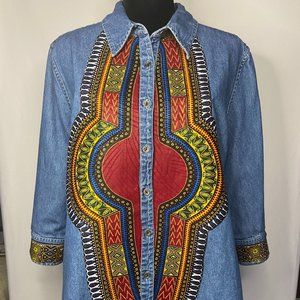 Upcycled Denim Shirt/Shacket Ankara African Wax "Angelina" Button Front Cotton L